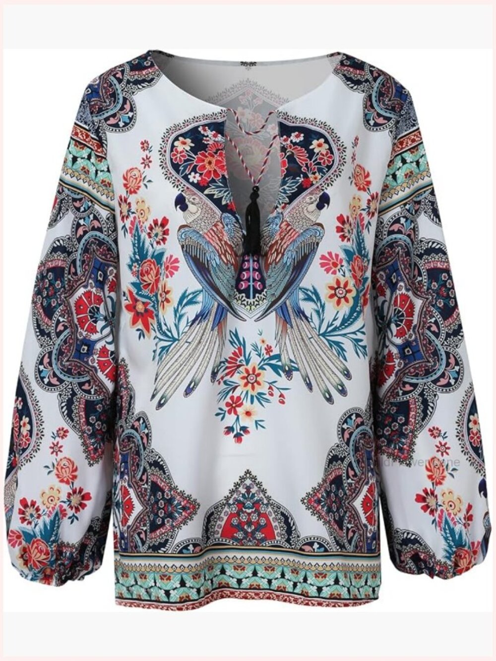 Boho V-Neck Floral Blouse Long Sleeve Loose Fit Lightweight Casual Top - Picture 1 of 6